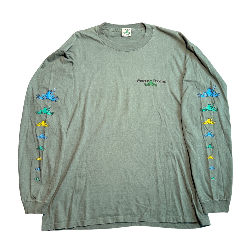 Vintage Peace Frogs Long Sleeve Graphic Tee Sage Green Made in USA Mens XL